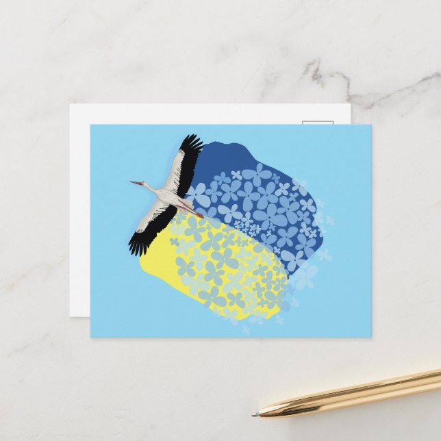 Ein Storch trägt eine ukrainische Flagge Postkarte (Vorderseite/Rückseite Beispiel)