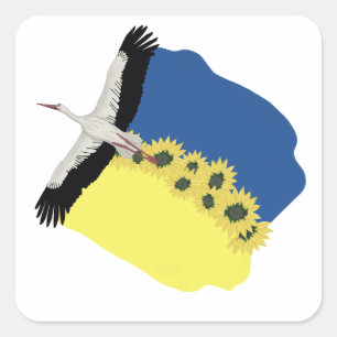 Ein Storch trägt eine ukrainische Flagge Quadratischer Aufkleber