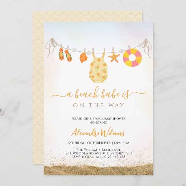 Ein Strandbabe ist auf dem Weg zur Baby-Dusche Einladung (Vorne/Hinten)