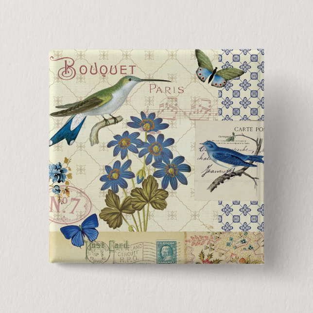 Ein Strauß blauer Blumen, Vögel und Schmetterlinge Button (Vorderseite)
