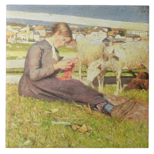 Ein strickendes Mädchen, 1888 (Öl auf Leinwand) Fliese