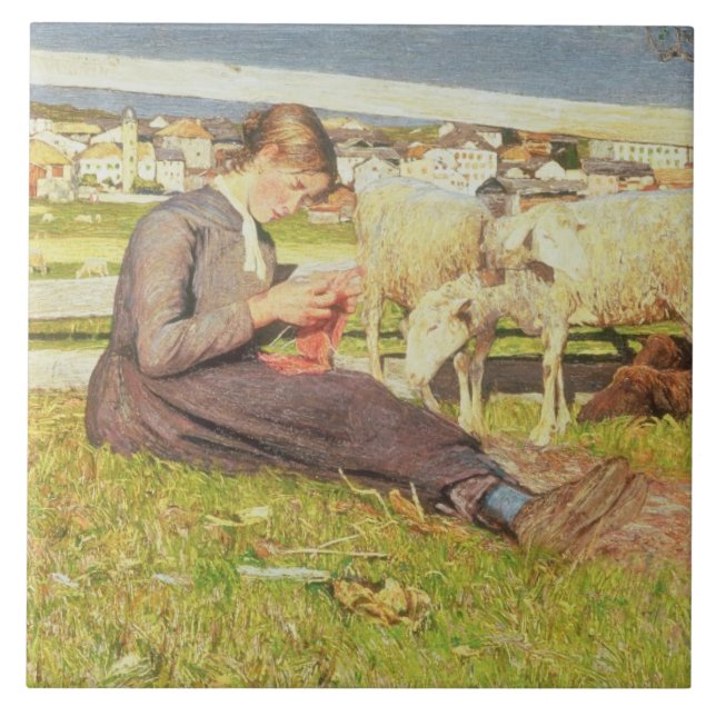 Ein strickendes Mädchen, 1888 (Öl auf Leinwand) Fliese (Vorderseite)