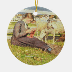 Ein strickendes Mädchen, 1888 (Öl auf Leinwand) Keramikornament