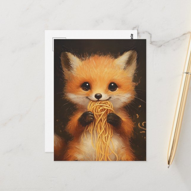 Ein superniedlicher, roter Fuchs, der Spaghetti is Postkarte (Vorderseite/Rückseite Beispiel)