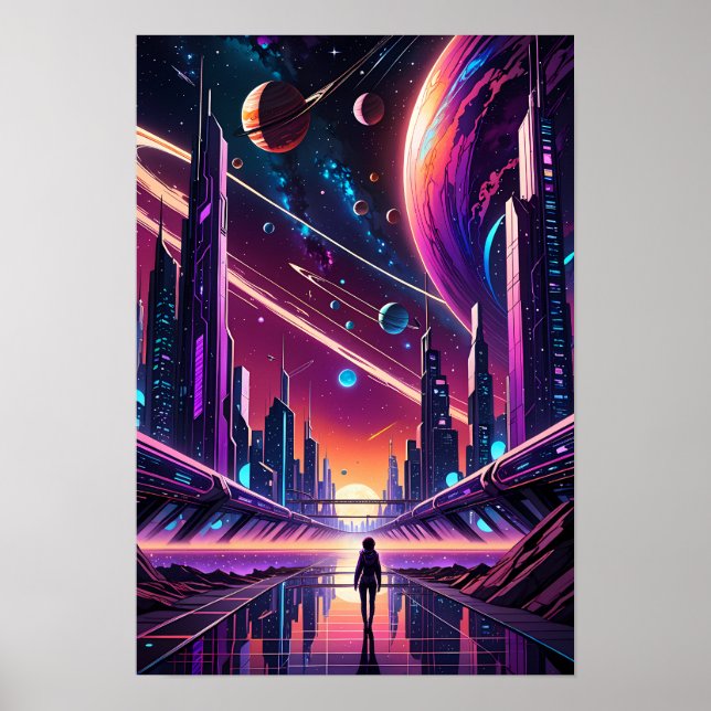 Ein surrealer Sonnenuntergang über der futuristisc Poster (Vorne)