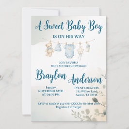 Ein süßer Babyjunge ist auf dem Weg Baby Shower Einladung