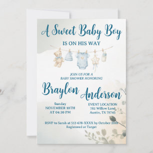 Ein süßer Babyjunge ist auf dem Weg Baby Shower Einladung