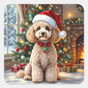 Ein süßer festlicher Pudel Weihnachten Quadratischer Aufkleber