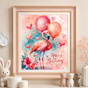 Ein süßer Flamingo mit Ballons Herz Geburtstag Poster