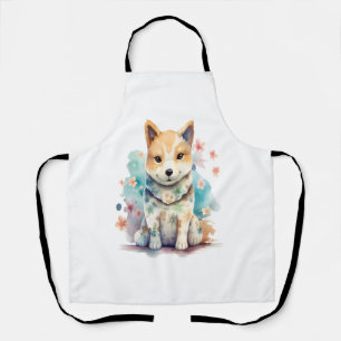 Ein süßer, gut erzogener Hund in einem Blumen- Schürze