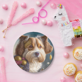 Ein süßer Hund mit Goldschmuck Pappteller