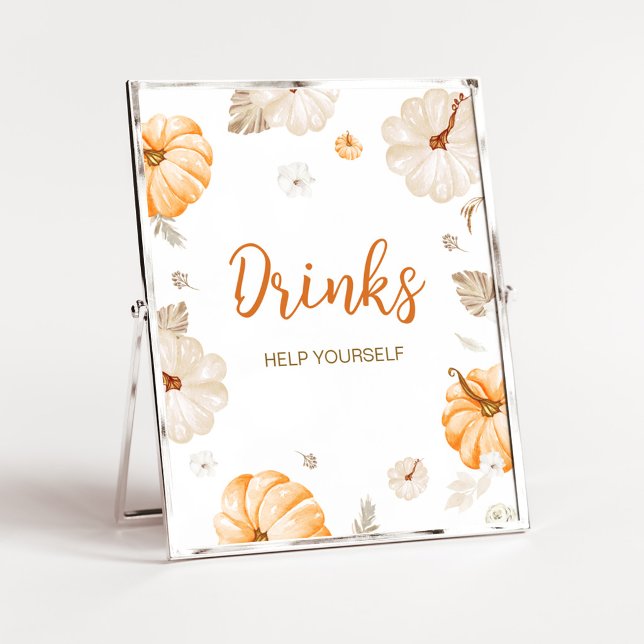 Ein süßer kleiner Kürbis trinkt Schild (Orange Pumpkin Fall Baby Shower Drinks Sign)