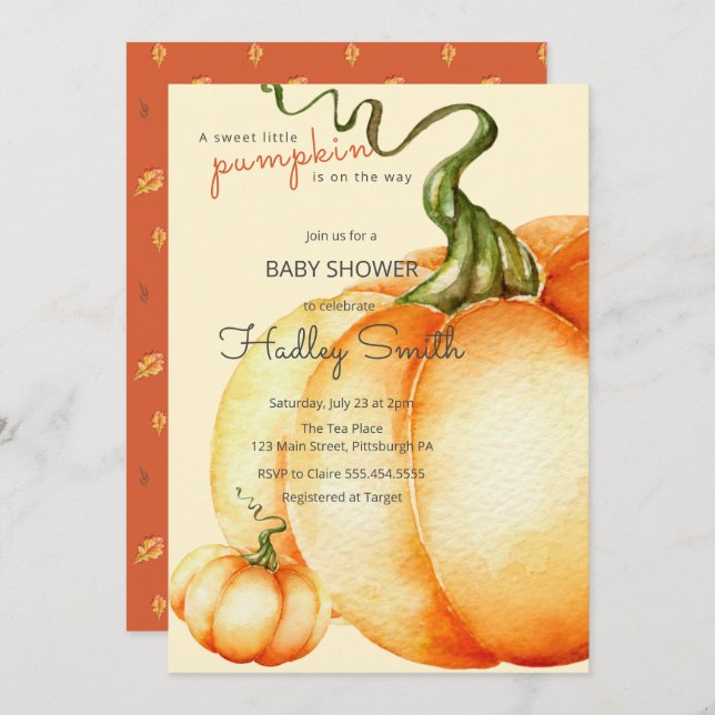 Ein süßer Kürbis ist auf dem Weg zur Babydusche Einladung (Vorne/Hinten)