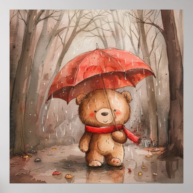 Ein süßer Teddybär im Regen Poster (Vorne)