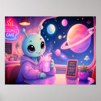 Ein süßes Alien-Mädchen, das an der Wand des Galax Poster