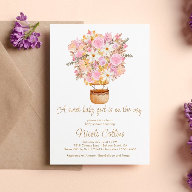 Ein süßes Baby Girl Pink Floral Balloon Baby Dusch Einladung (Von Creator hochgeladen)