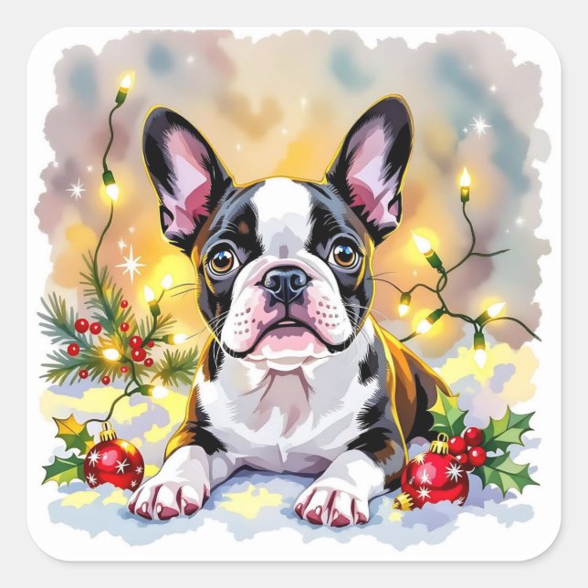 Ein süßes Boston Terrier Weihnachten Quadratischer Aufkleber (Vorderseite)