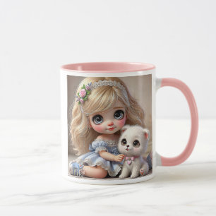 Ein süßes Mädchen mit einem Welpen im Stil Tasse