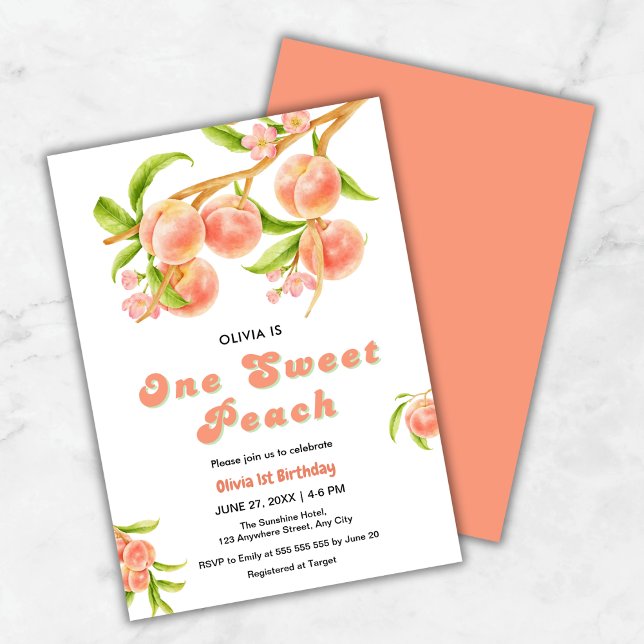 Ein süßes Pfirsichobst 1. Geburtstag Einladung (One Sweet Peach Fruit 1st Birthday Invitation )