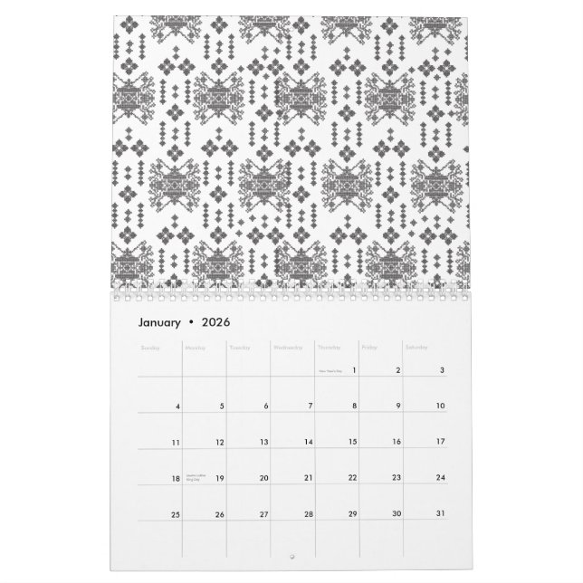 Ein symmetrisches monochromes Design mit komplexen Kalender (Jan 2026)