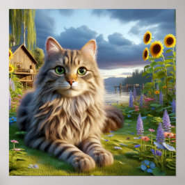 Ein Tabby Cat Ruhen in einer ruhigen Landschaft Poster