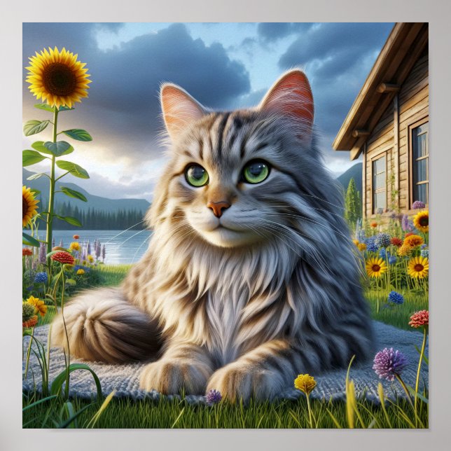 Ein Tabby Cat Ruhen in einer ruhigen Landschaft Poster (Vorne)