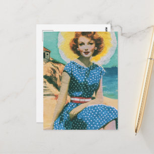 Ein Tag am Strand Vintage-Dame in Blau mit Punkten Postkarte