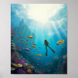 Ein Taucher entdeckt ein Schloss im Riff Poster