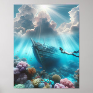 Ein Taucher findet ein Schiff, das am Riff havarie Poster