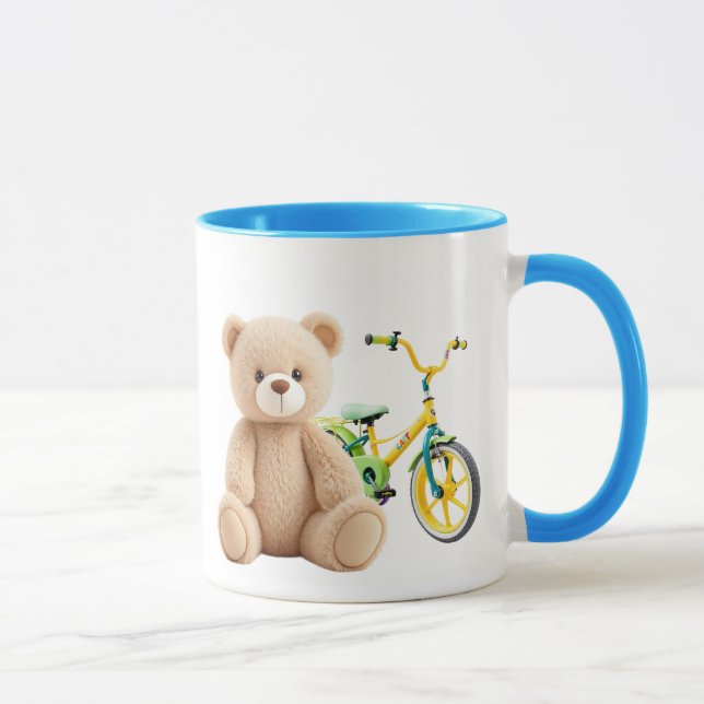 Ein Teddybär vor einem Kinderrad. Tasse (Rechts)