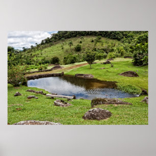 Ein Teich mit einer kleinen Holzbank Poster