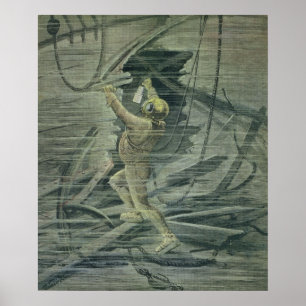 Ein Tiefsee-Taucher, der die Wracke betrachtet Poster