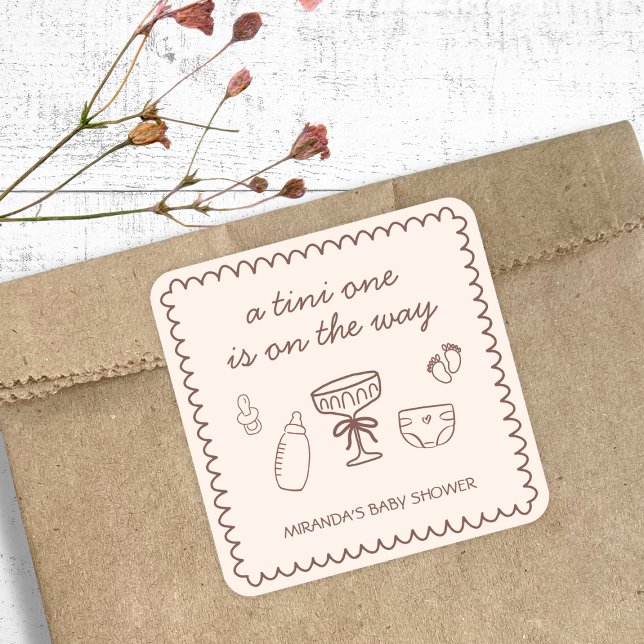 Ein Tini auf dem Weg Espresso Martini Babydusche Quadratischer Aufkleber (A Tini One On The Way Espresso Martini Baby Shower Square Sticker)