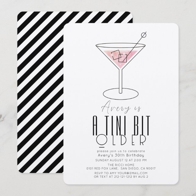 Ein Tini etwas älter, modern pink Martini Geburtst Einladung (Vorne/Hinten)