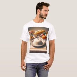 ein Tisch mit einem Teller mit Nahrung, einschließ T-Shirt