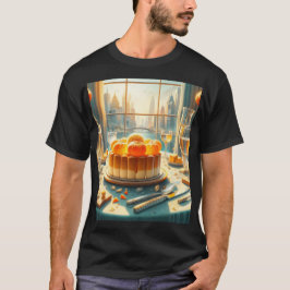 ein Tisch mit Kuchen und Gläsern und ein Kuchen mi T-Shirt
