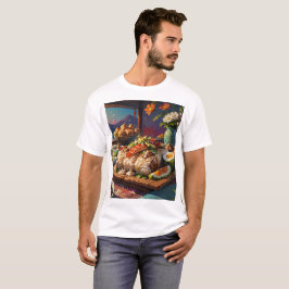 ein Tisch mit Nahrung einschließlich einer Teller. T-Shirt
