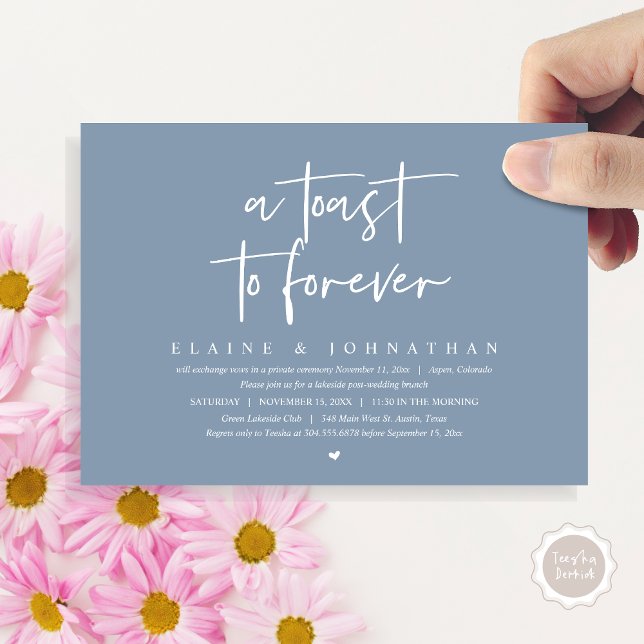 Ein Toast für immer, ein Brunch-Party für Hochzeit Einladung (A toast to forever, wedding elopement dinner invitation card, PDF, Modern script, Dusty Blue)