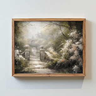ein Tor in einem Wald mit Blumen Poster