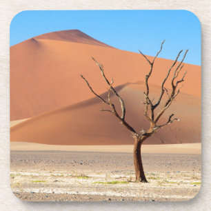Ein toter Baum in einer Wüstenebene mit Dünen Untersetzer