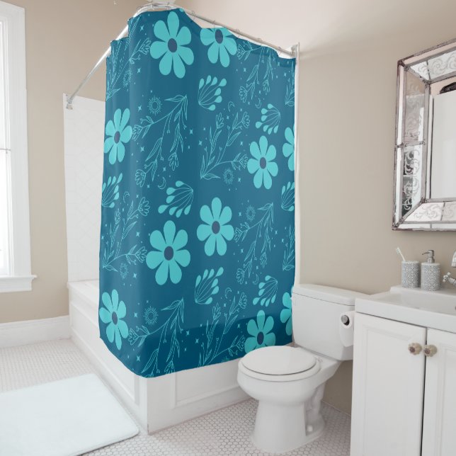 Ein trendiges cyanfarbenes Blumendesign Duschvorhang (Beispiel)