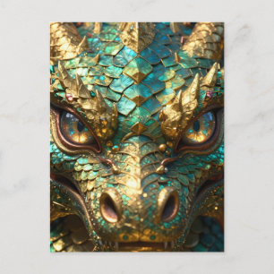 Ein türkis-goldener Drache Mystisches Postkarte