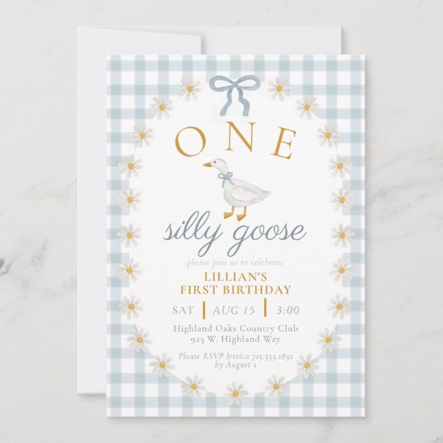 EIN verrückter Gans Blau Gingham Daisy Erster Gebu Einladung (Vorderseite)