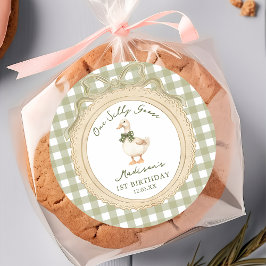 Ein verrückter Gans-Bogen-Gingham-1.-Geburtstags-A Runder Aufkleber