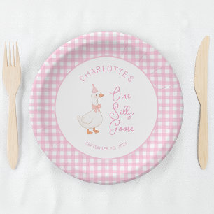 Ein verrückter Gans Rosa Gingham Rustikaler Erster Pappteller