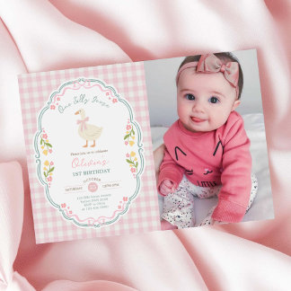 Ein verrückter Gänse-Pink-Bow-Mädchen-1.-Geburtsta Einladung