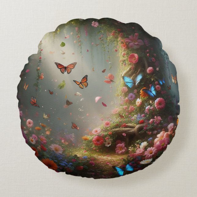 Ein versteckter, verzauberter Garten, versteckt in Rundes Kissen (Vorderseite)