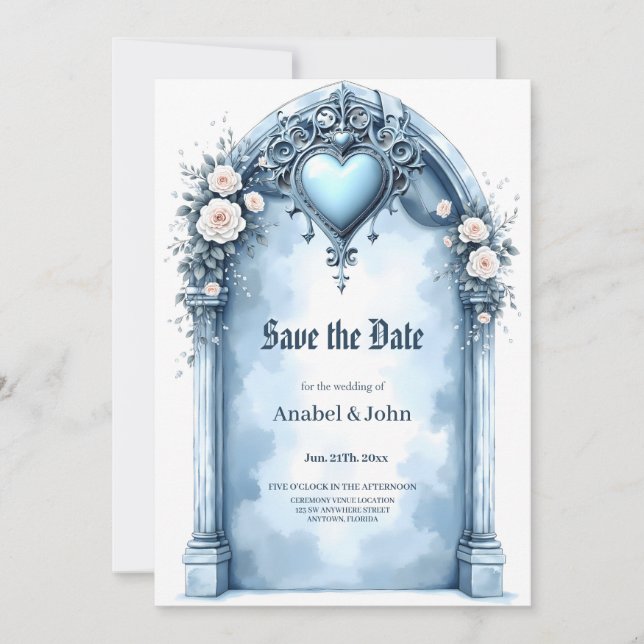 Ein verzierter, hellblauer Bogen mit Blumenakzente Save The Date (Vorderseite)