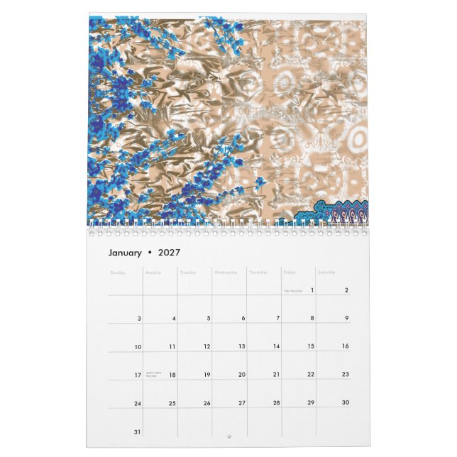 Ein verziertes Paisleymotiv in Blau und Braun, Dis Kalender (Jan 2027)