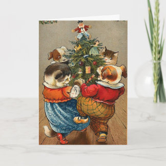 Ein Vintager Hund und Katze Weihnachtskarte Feiertagskarte